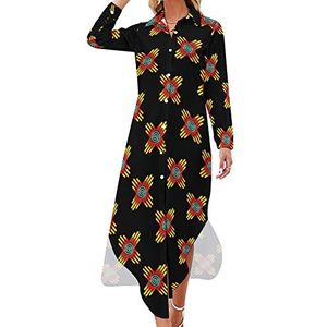 Zia Sun Zia Pueblo New Mexico Maxi-jurk voor dames, lange mouwen, knoopsluiting, casual party, lange jurk, 5XL