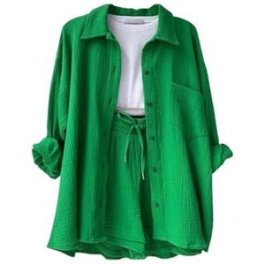 2024 Vrouwen Modieuze Casual 3 Delige Set Gerimpelde Stof Shorts Gaas Vest Vest Casual Set Vrouwelijke Street Wear (Color : Green, Size : XL)
