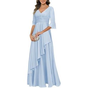 KIYNE Jurken voor dames, V-hals, moeder van de bruid met mouwen, geplooide ruches chiffon formele avondjurk, Lichtblauw, 32