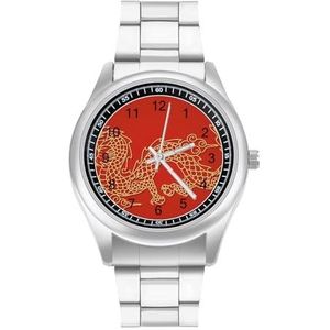 Chinese Gouden Draak Heren Roestvrij Stalen Horloges Quartz Polshorloge Gemakkelijk te Lezen Custom Gift Voor Papa Vriend