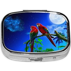 LAMAME Papegaaien Gedrukt Vierkante Pillendoos 2 Compartiment Mini Pillendoos Draagbare Reizen Pil Organizer