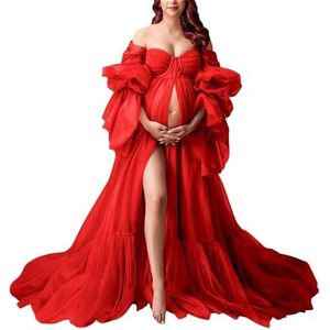 KIYNE Zwangerschapsjurk met lange mouwen voor fotoshoot, tule bruidsjurk, zwangerschapsjurk voor babyborrel, Rood, 58/Meer
