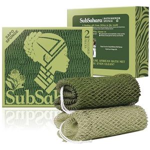 SubSahara Authentieke Afrikaanse netspons - 2 stuks exfoliërende scrubber voor alle huidtypes, badspons voor gezicht en lichaam, draagbaar op reis, duurzaam, zachte peeling (olijfgroen en lichtgroen)