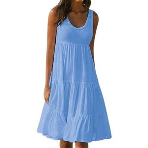 Zomerjurken dames Boheemse ruches vest jurk effen kleur U-hals mouwloos knielengte strandjurk, Blauw, L