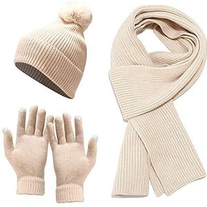 Dames 3-delige outdoor activiteit warme muts, sjaal en touchscreen handschoenen winterset, Beige, Eén Maat