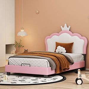 VSOGA Kinderbed, gestoffeerd bed, 90 x 200 cm, met lattenbodems en rugleuning, meisjesbed met kroonvorm, roze (matras niet inbegrepen)