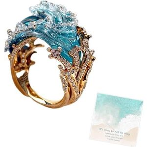 Oceaan eed sieradenset, S925 zilver 14K vergulde zirkoon oceaangolven ring hanger ketting oorbel set, blauwe zee golven sieraden set, inspirerende vriendschap oceaan sieraden cadeau (Ring)
