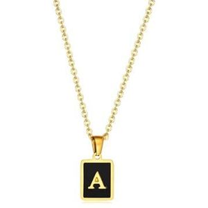 Vierkante beginletter ketting hanger, roestvrijstalen bedel zwart emaille eenvoudige naam sieraden for vrouwen (Color : R_GOLD WITH WHITE BACKGROUND_50CM)