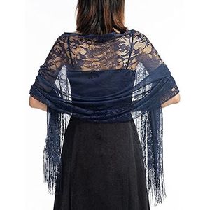 TOEECY Stola kanten sjaal voor dames, lichte zachte omslagdoek, avondsjaal, stola met franjes, voor bruidsmeisjes, avondjurk, bruiloft, feest, feest, eindexamenbal, cape, Donkerblauw, Eén maat