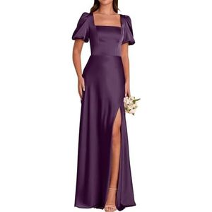 Satijnen galajurken met pofmouwen en split effen vloerlengte A-lijn korset formele avondjurk, Blush Roze, 32