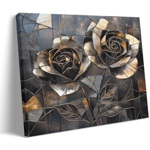 GMUKIFFY Gouden vintage rozen schilderij op canvas muurkunst abstracte bloemen fantasie gotisch uitgerekt en ingelijst canvas prints kunstwerk voor woondecoraties klaar om opgehangen muurdecoratie 30