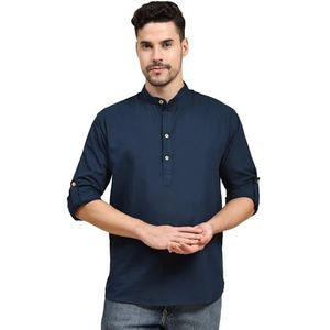 SKAVIJ Kurta-overhemd voor heren, katoen, linnen, lange mouwen, Henley met mandarijnkraag, oprolbare mouwen, casual etnische tuniektop, Blauw, M