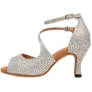 UBOHUZ Latin Dance Schoenen Sprankelende Steentjes Zachte Zolen Professionele Vierkante Cha-cha Salsa Rumba Voor Praktijk, Gouden Hak 7 5cm, 39.5 EU