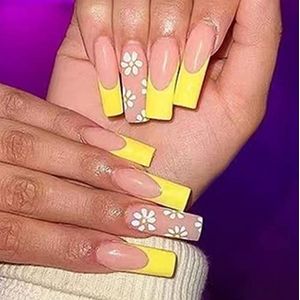 Coffin False Nails French Flower Press on Nails Ballerina Long Fake Nails Full Cover Stick on Nails 24pcs for Women and Girls