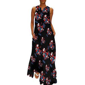 I Love Heart USA Traditionele folk dames enkellengte jurk slim fit mouwloze maxi-jurk casual zonnejurk 4XL