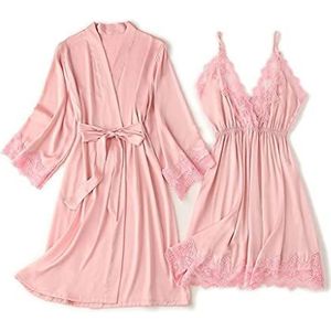 Kanten trim sexy bruiloft dame gewaad pak losse satijnen bruid bruidsmeisje kimono badjas jurk nachtkleding rayon(Pink,L)