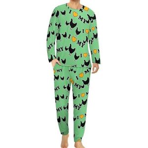 I Love My Chickens comfortabele herenpyjama-set met ronde hals en lange mouwen, loungewear met zakken, XL
