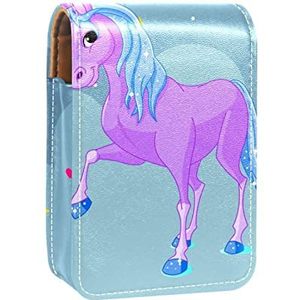 Draagbare Lipstick Case voor op reis, Mini Lipstick Opbergdoos met spiegel voor dames dames, lederen cosmetische etui Eenhoorn blauw, Meerkleurig, 9.5x2x7 cm/3.7x0.8x2.7 in