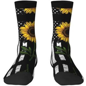 Zonnebloem en Amerikaanse vlag volwassen grappige 3d sokken crew sokken nieuwigheid sokken gag geschenken, zachte gezellige sokken., Zwart, Eén Maat