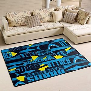 Gebied Vloerkleed 100 x 150 cm, blauwe haai met gevaarlijke tape vloermatten, pluche flanellen mat tapijt, grote kantoormatten, voor ingang, slaapkamer