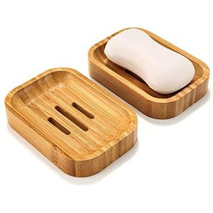 GUANJUNE 2 Pack Natuurlijke Houten Bamboe Zeepbakje Houder voor Badkamer Keuken Sponzen Accessoires Opslag