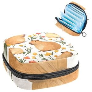 Opbergtas voor maandverband, mooie capibara's met bloemen, naadloos patroon, draagbare maandverband, inlegkruisjes, tampons, maandverband, opberghouder voor vrouwen, school, kantoor