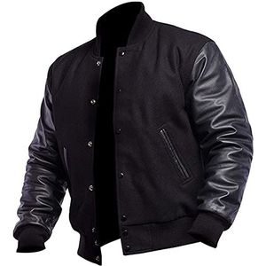 LP-FACON Heren Varsity Jassen - College Baseball Bomber High School Black Letterman Jacket, Zwart - Wol & Faux, 3XL