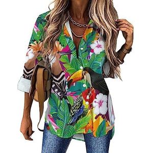 Tropische vogel toekan, papegaai, hop en palmbladeren dames button down shirts lange mouwen jurk shirt V-hals blouses tops
