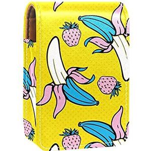 Make-up lippenstift hoesje voor buiten kunst banaan aardbeien patroon geel draagbare lippenstift organizer met spiegel dames mini make-up tas neemt tot 3 lippenstift