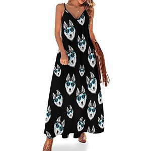 Husky Maxi-jurk voor dames, V-hals, casual, mouwloos, verstelbare riem, sexy lange jurk