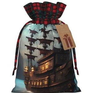 Fantasie piratenschip herbruikbare geschenktas-trekkoord kerstgeschenktas, perfect voor feestelijke seizoenen, kunst en ambachtelijke tas