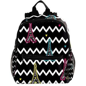 Eiffeltoren Zwart Wit Wave Strepen Leuke Mode Mini Rugzak Pack Bag, Meerkleurig, 25.4x10x30 CM/10x4x12 in, Rugzak Rugzakken