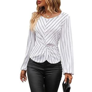 dames topjes Gestreepte blouse met gedraaide voorkant en lantaarnmouwen (Color : Wei�, Size : L)