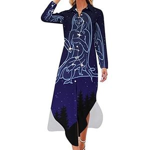 Night Sky with The Constellation of Virgo Maxi-jurk voor dames, lange mouwen, knoopsluiting, casual party, lange jurken, S