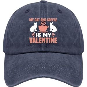 Honkbalpetten My Cat and Coffee is My Valentine Trucker Cap voor Vrouwen Vintage gewassen katoen verstelbaar voor klimgeschenken, marineblauw, one size