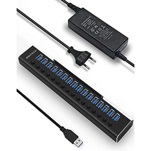 RSHTECH RSH-A16 USB Hub Active 3.0 met 100W voeding, aluminium multiport USB 3.0 hub met 12 V/8,3 A voeding en schakelaar, voor pc, mobiele HDD, flashdrive, professionele business grade