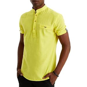 Leif Nelson Linnen overhemd voor heren, zomer, korte mouwen, Henley-hemd voor vrije tijd en business/gemengd van linnen en katoen/regular fit, geel, L