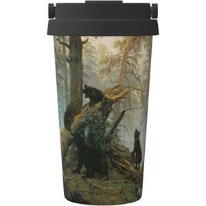 EdWal Zwarte beren print 500 ml koffiemok, geïsoleerde campingmok met deksel, reisbeker, geweldig voor elke drank