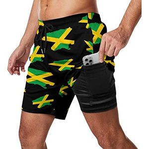 Jamaica Vlag Kaart Heren Zwembroek Sneldrogende 2-in-1 Beach Sport Shorts met Compressie Liner En Pocket