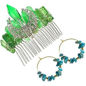 Unifizz Natuurlijke Aventurijn Kristal Haar Kam en Blauw-Groen Kristal Gouden Oorbellen Healing Crystal Accessoires voor Vrouwen en Meisjes