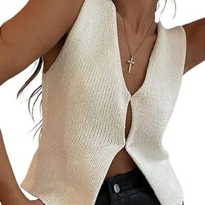 YChao V-hals trui dames gehaakt gebreid vest voor dames Y2K button-down vest gehaakt gebreid tankvest,Wit,S