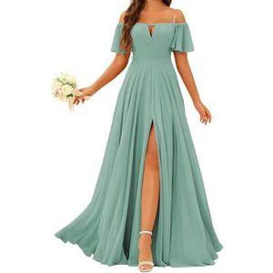 Prinses Bruidsmeisje Jurken Off Shoulder Prom Jurken Plooien Chiffon Formele Avond Party Maxi Jurk met Split ZMK196, Dusty Groen, 32