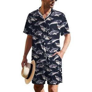 Aquarel haaienpatroon Hawaiiaanse pak voor heren, set van 2 stuks, strandoutfit, shirt en korte broek, bijpassende set