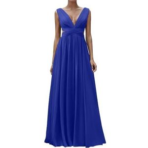 Diepe V-hals Prinses Bruidsmeisjes Jurken Chiffon Galajurken met Split Formele Avondjurk ZM195, koningsblauw, 32