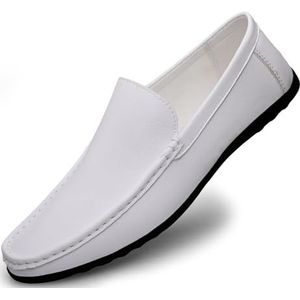 Heren loafers schoen ronde neus effen kleur kunstleer loafer schoenen platte hak resistente flexibele wandel slip op (Color : White, Size : 44 EU)