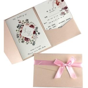 Huwelijksuitnodigingen 50 sets drievoudige zak bruiloft uitnodigingskaart aangepaste print verloving XV verjaardag doop uitnodigingen bruiloft uitnodigingen kaart (kleur: lichtroze, maat: hele set