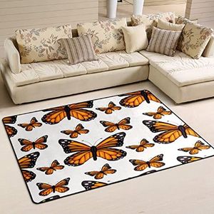 Gebied vloertapijt 100 x 150 cm, oranje vlinders op witte vloer tapijt print kantoormatten antislip deurmat, voor achtertuin, kinderkamer