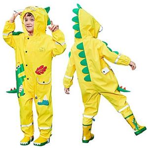 JinBei Kinder Regenjassen Jongen Regenkleding Plaspakken met Capuchon Leuke Regenpakken met 3D-Patroon Eenstuk Ademende Transparante Hoed Reflecterende Strepen, Geel Dinosaurus 2-4 Jaar