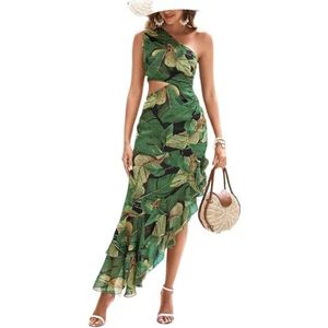 Dameshemd Tropical Print One Shoulder Cut Out Ruffle Trim Dress (Color : Green, Size : X-Small)