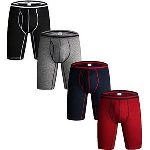 Nuofengkudu Set van 3 & 4 boxershorts voor heren, lange pijpen, katoen, multipack, open gulp, sportondergoed, gemengde kleuren, L